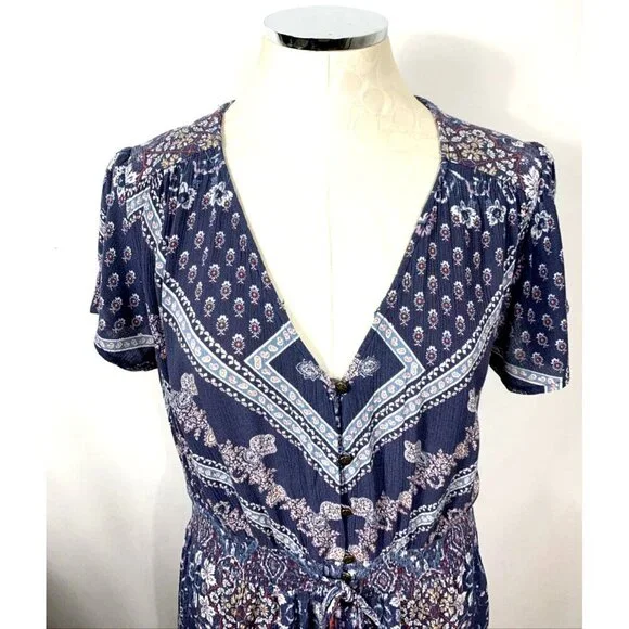 Knox Rose Midi Dress Size Large Rayon Short Sleeve Navy Blue/White Floral Boho - Picture 2 of 7
